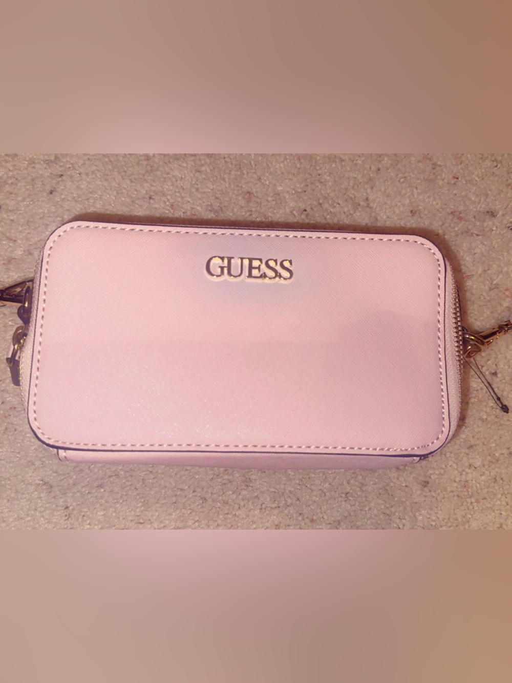 New GUESS Blush Pink Crossbody Bag w Gold Logo & Hard Wear w Black Interior